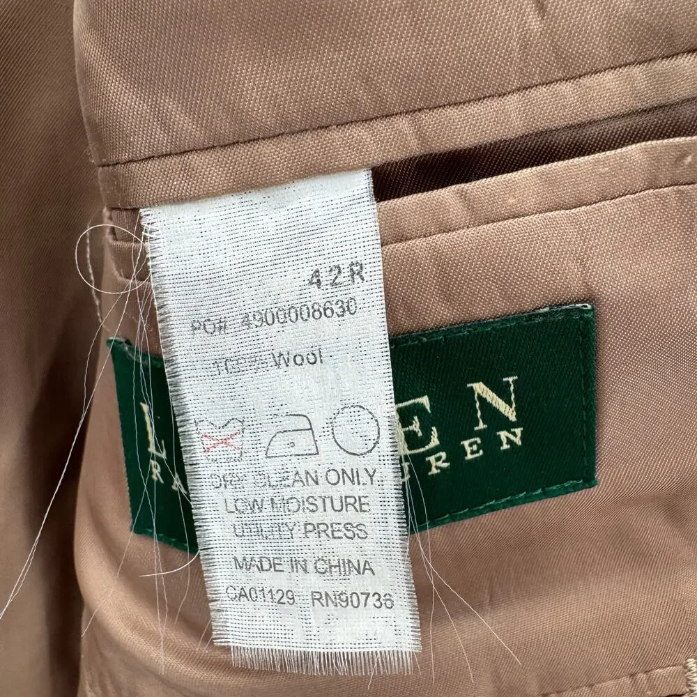Lauren Ralph Lauren Blazer Mens 42 R‎ Jacket Tan Houndstooth Wool Classic